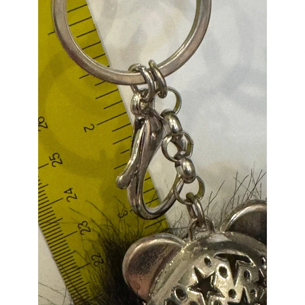 Black Faux Fur Pom Pom Bear Keychain Rhinestone Bag Charm Silver Tone Star Back